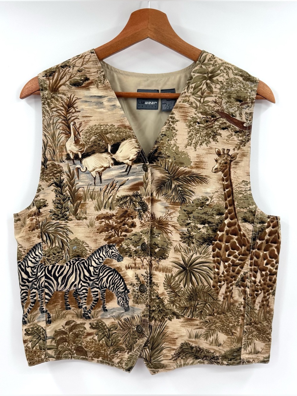 Vintage Lizwear Petite Safari Animal Print Vest Button Front Giraffe Zebra